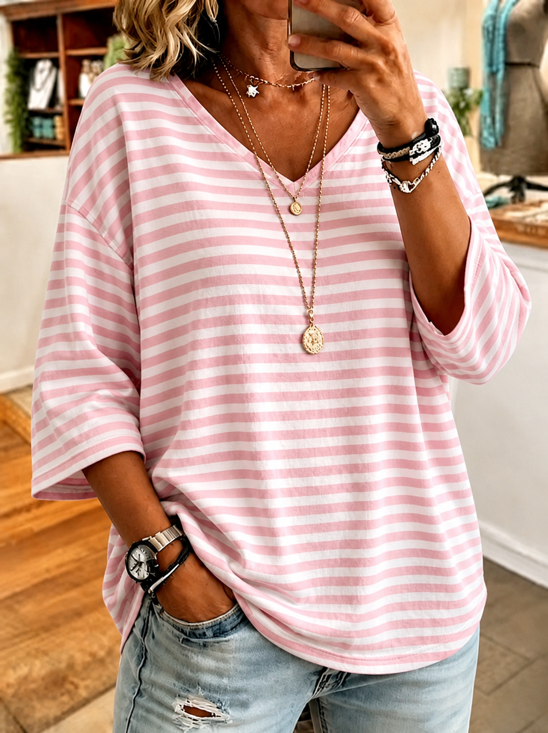 Women's Casual Striped V-Neck T-Shirt
