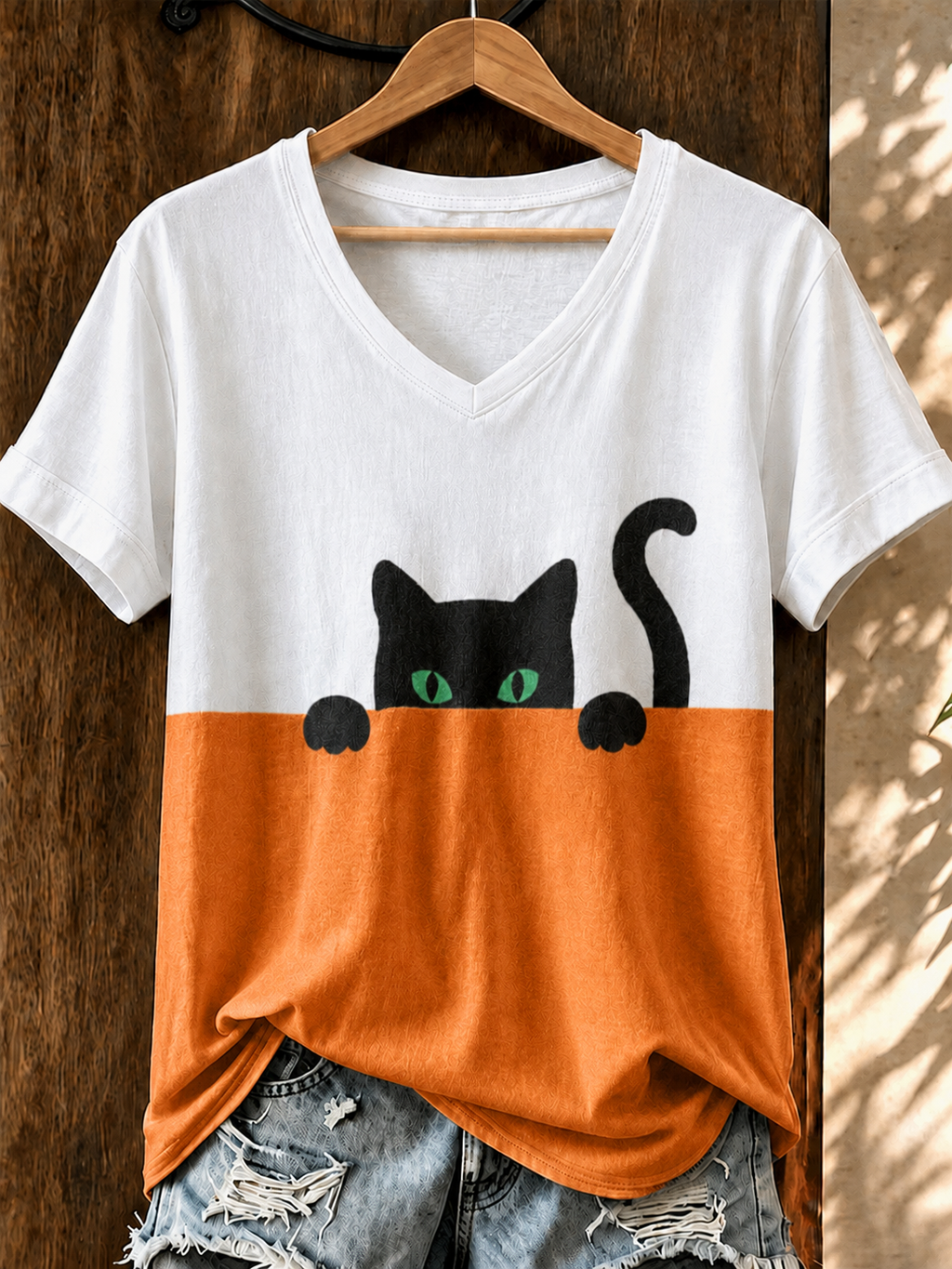 Women'S Cute Cat Printed Casual V-Neck T-Shirt
