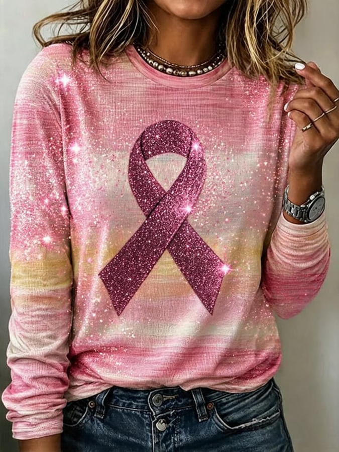 Women'S Breast Cancer Awareness Print Long Sleeve Casual Tee