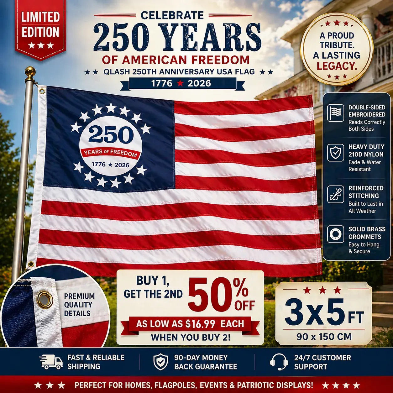 Last Day 49% OFF🔥Handmade 250th Anniversary USA Commemorative Flag (3x5 Ft)