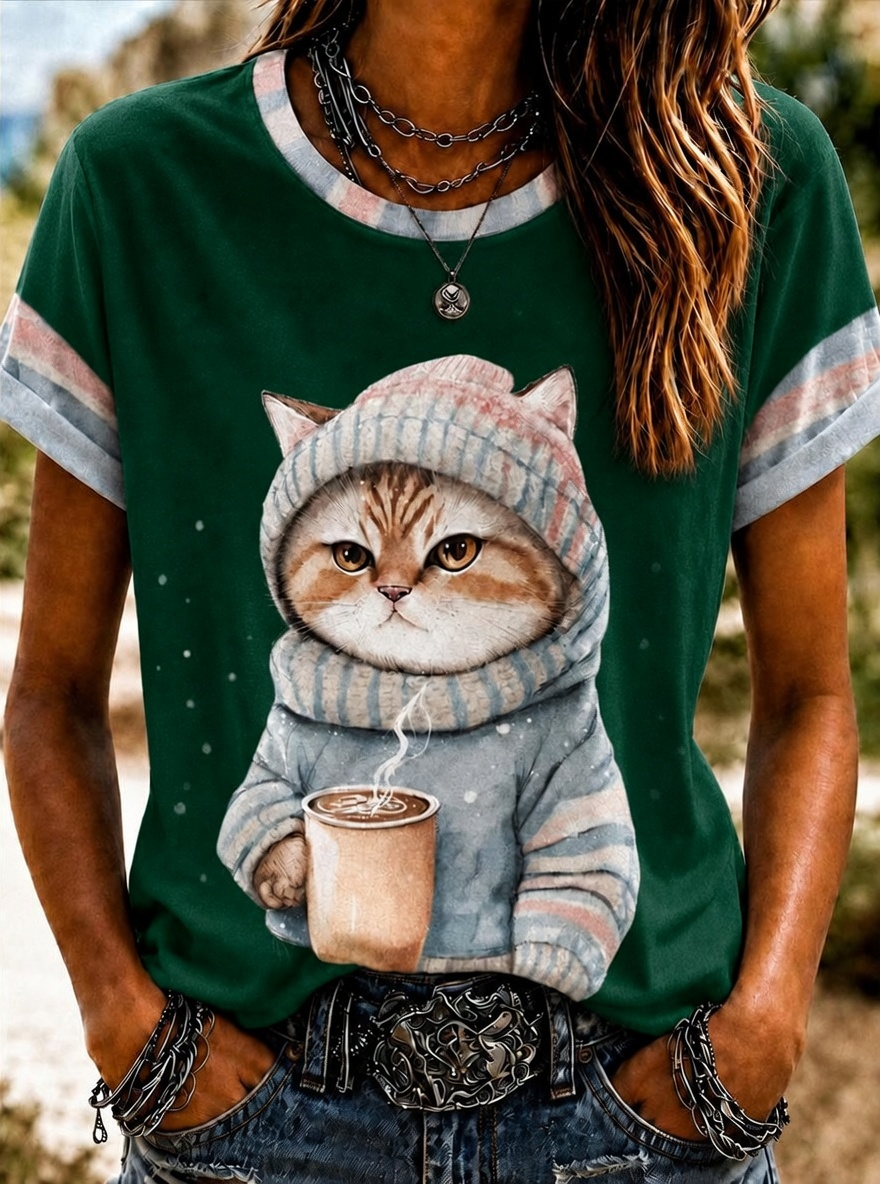Women'S Cute Cat Art Printed Round Neck T-Shirt
