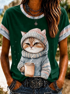 Women'S Cute Cat Art Printed Round Neck T-Shirt