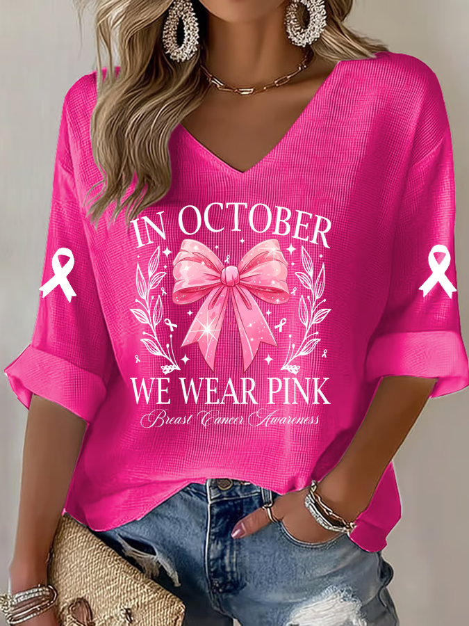 Women'S In October We Wear Pink  Print Waffle  Top
