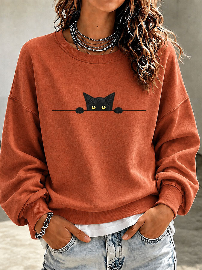 Women'S Casual Black Cat Art Printed Sports Shirt