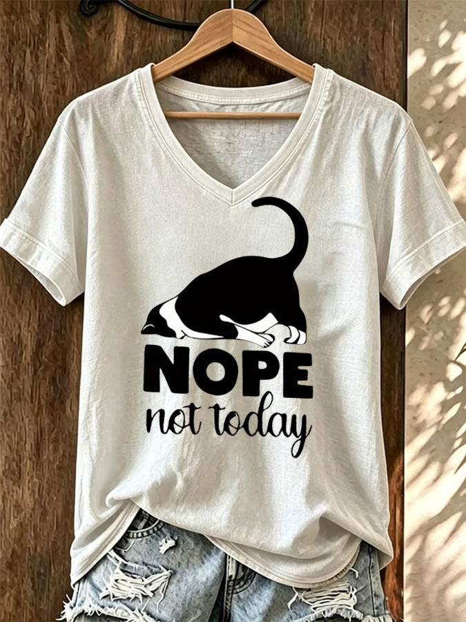 Women'S Cute Cat Printed Casual V-Neck T-Shirt