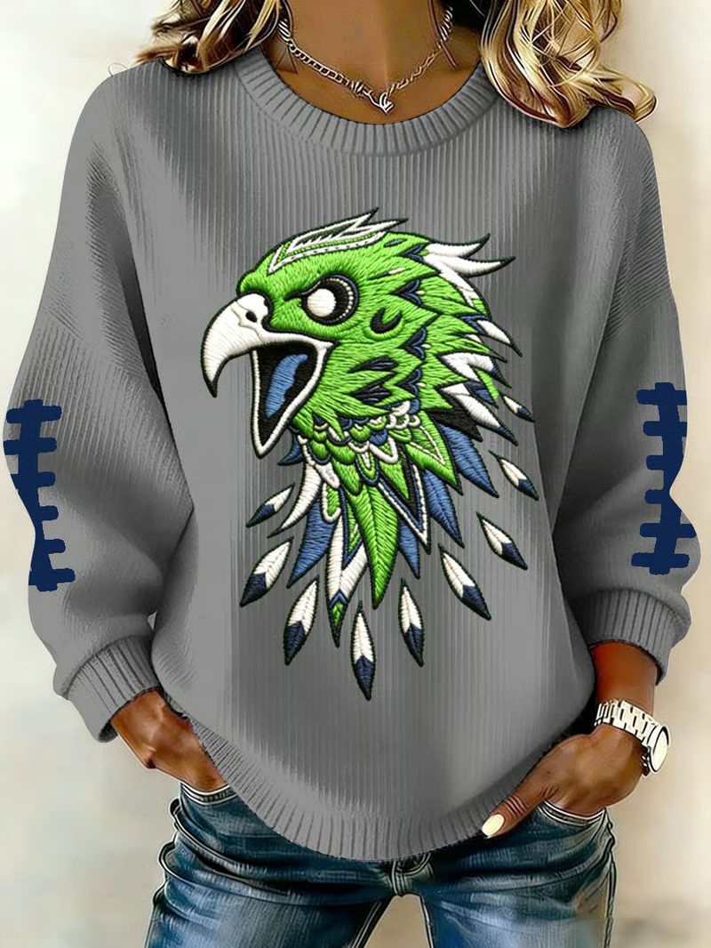 Women's Football Print Knit Crew Neck Long Sleeve Top