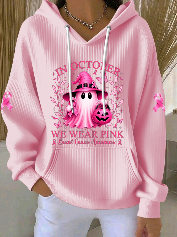 Women'S In October We Wear Pink  Printed Casual Hoodie
