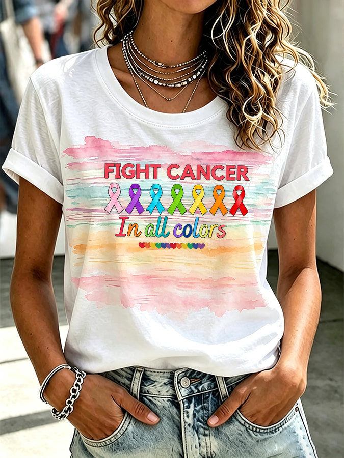 Women's Cancer Awareness Month Retro Print T-shirt