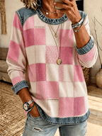 Women's Checkered Patchwork Trim Waffle Knit Long Sleeve Top