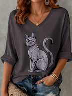 Women's Cat Lover Geometric Black Cat Printed V-neck T-shirt
