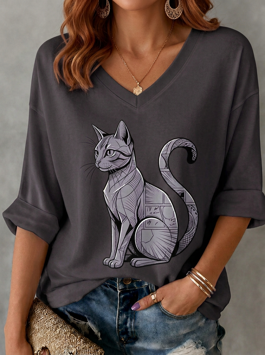 Women's Cat Lover Geometric Black Cat Printed V-neck T-shirt