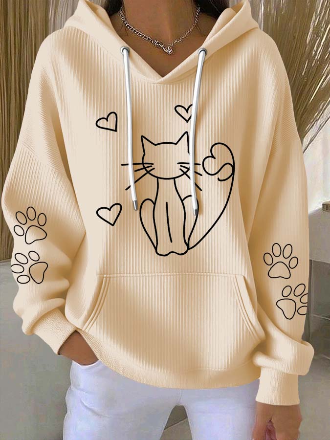 Women'S Cute Cat Print Hooded Knitted Long Sleeved Sportswear