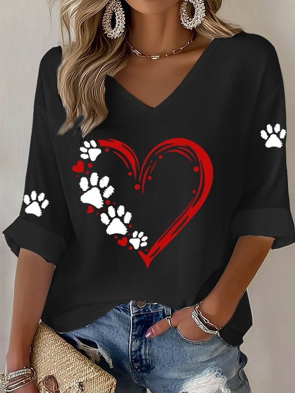 Women'S Paw Heart Print Casual Waffle T-Shirt