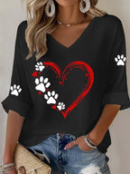 Women'S Paw Heart Print Casual Waffle T-Shirt