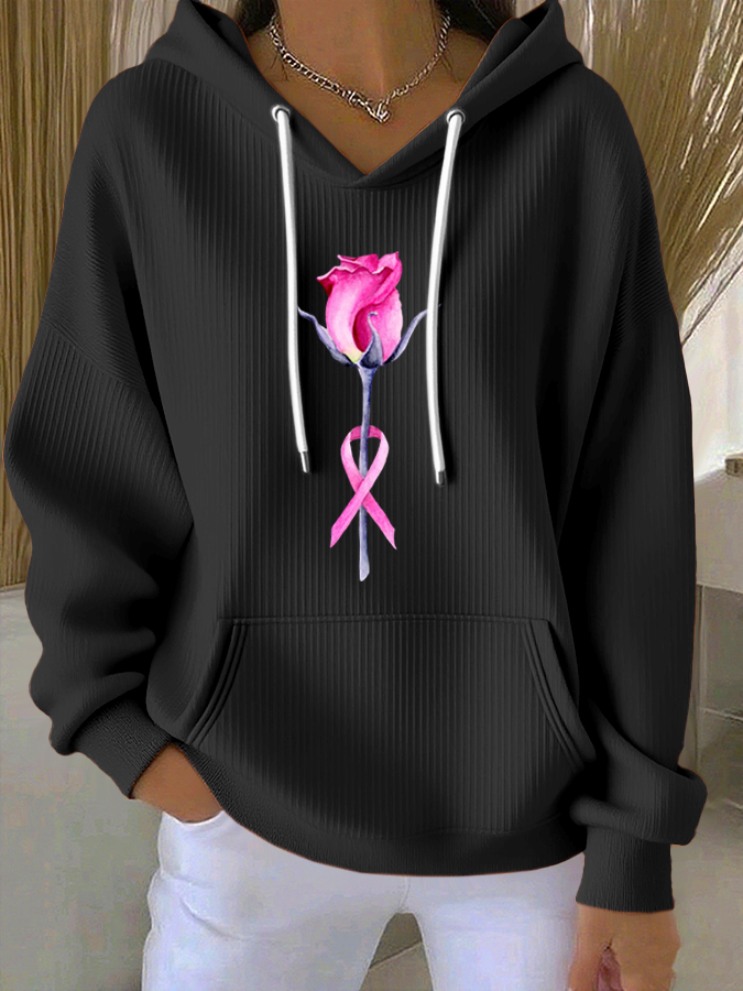 Women'S Breast Cancer Awareness Flowers  Printed Casual Hoodie