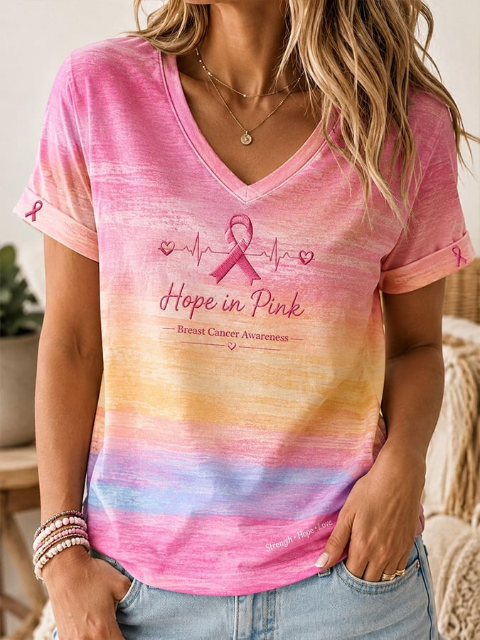Women'S Casual Breast Cancer Awareness Print Top