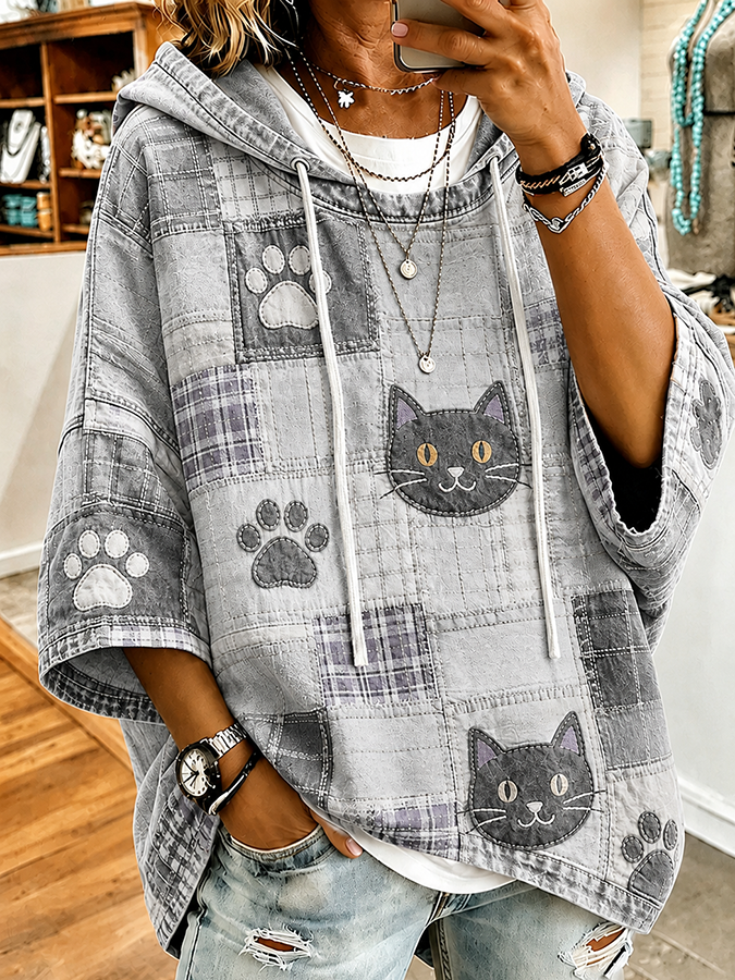 Retro Animal Cat Printed Hoodie