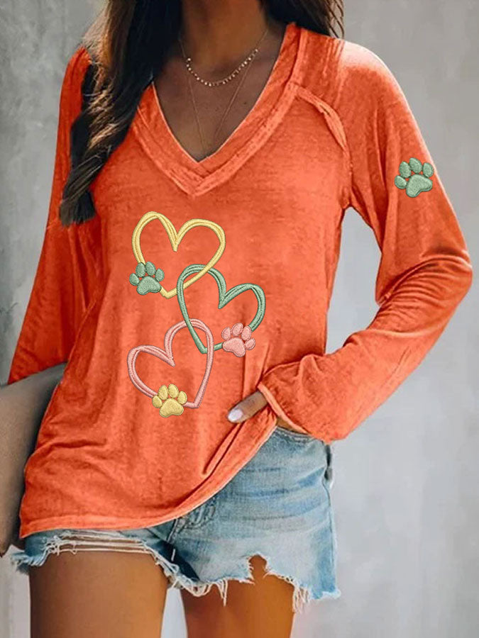 Women's Heart Paw Print Long Sleeve T-shirt