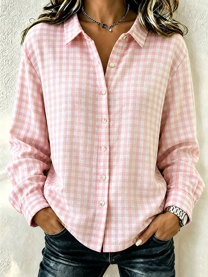 Women's Pink Plaid Print Lapel Long Sleeve Shirt