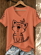 Women'S Cat Printed V-Neck T-Shirt