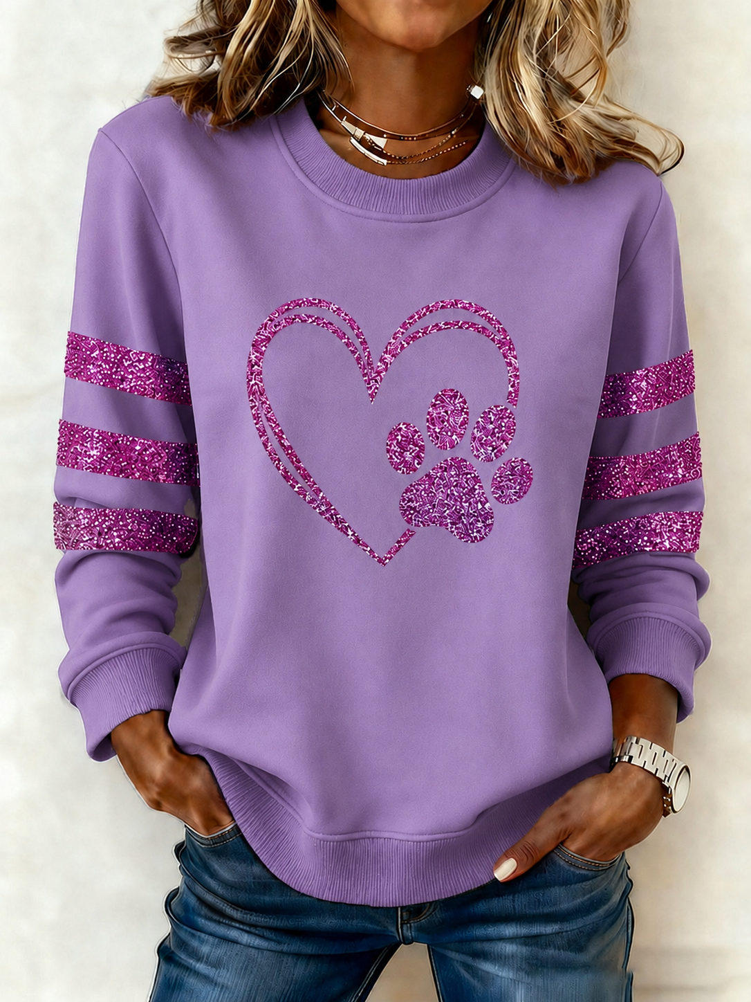 Ladies' Love Sequin Printed Round Neck Sports Shirt