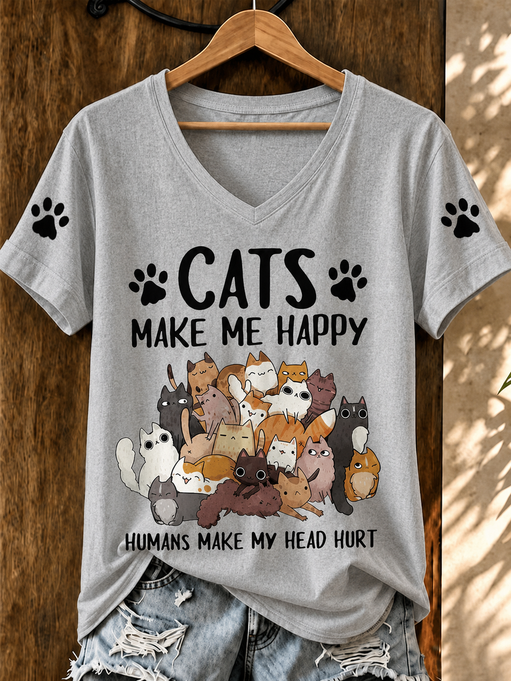 Women'S Cute Cat Printed Casual V-Neck T-Shirt