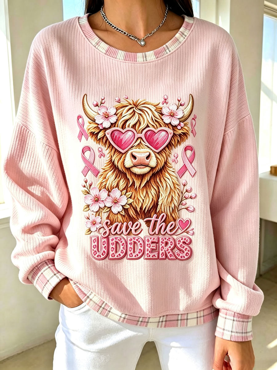 Women'S Breast Cancer Highland Cow Print Long Sleeve Top