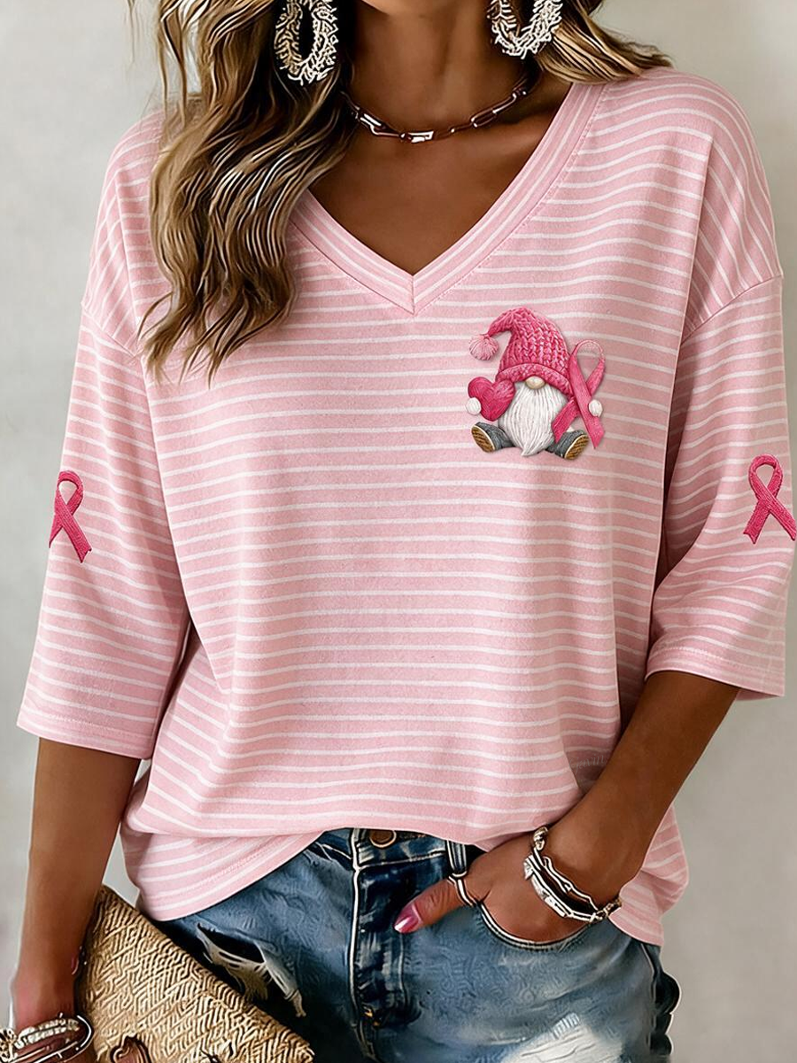 Women'S Breast Cancer Awareness Main Pattern Printed Mid-Length Sleeves V-Neck T-Shirt