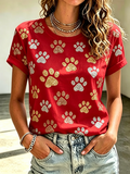 Cat Paw Sequin Print Casual Crew Neck T-Shirt