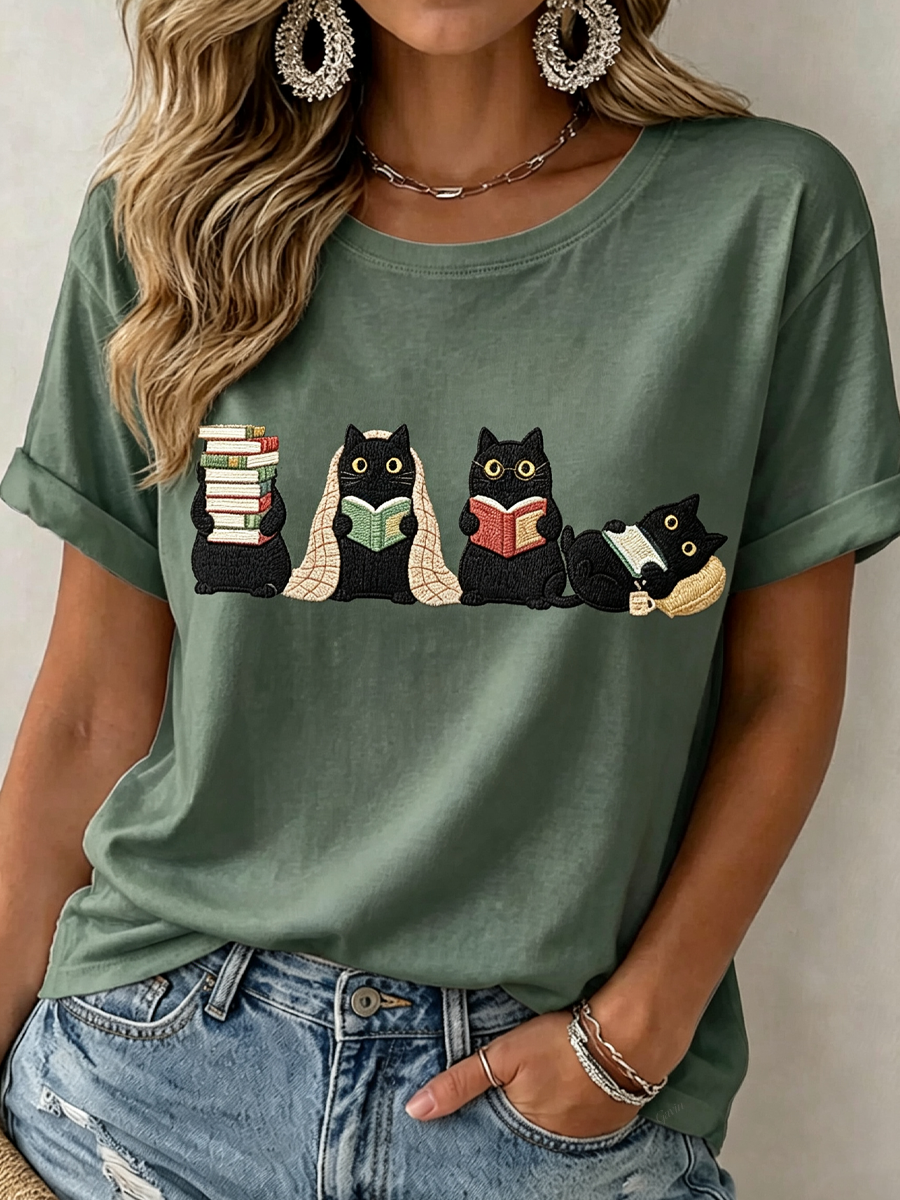 Women'S Black Cats Reading Funny Printed Casual T-Shirt