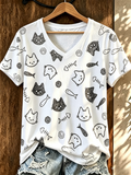 Women's Cat Printed V-Neck T-Shirt