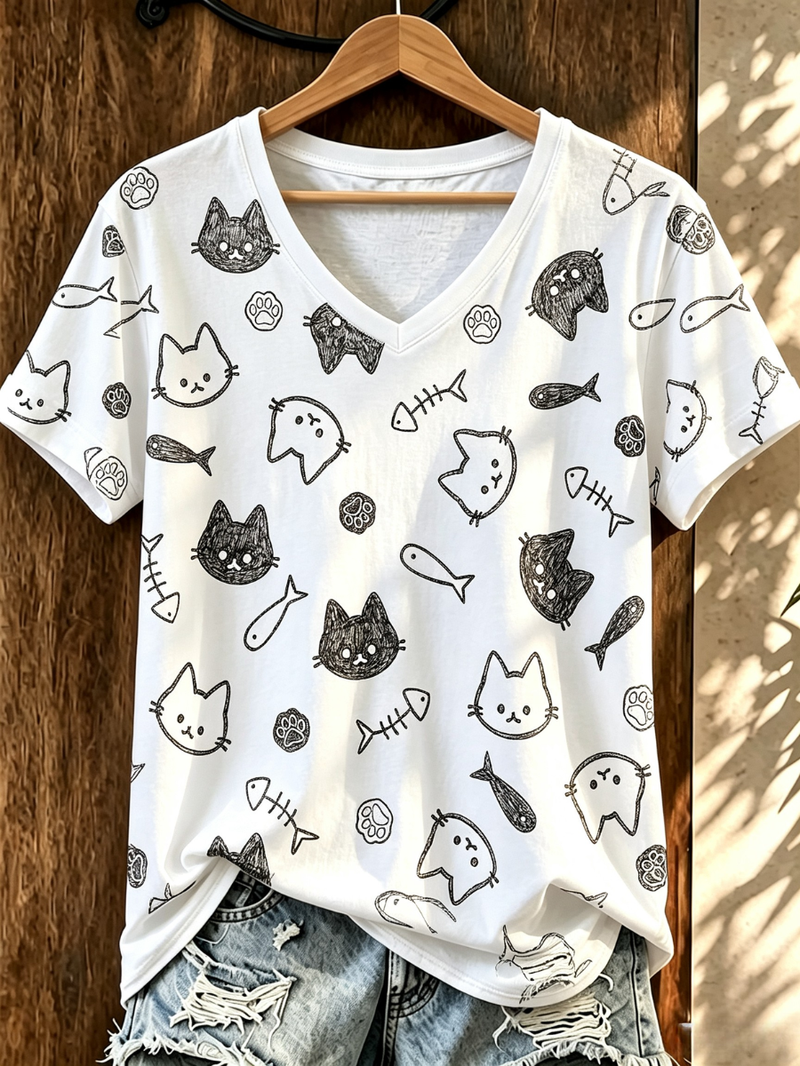 Women's Cat Printed V-Neck T-Shirt