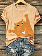 Women's Fall Black Cat V-Neck T-Shirts