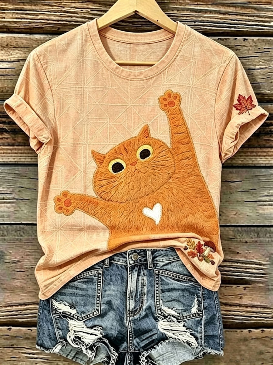 Women's Fall Black Cat V-Neck T-Shirts