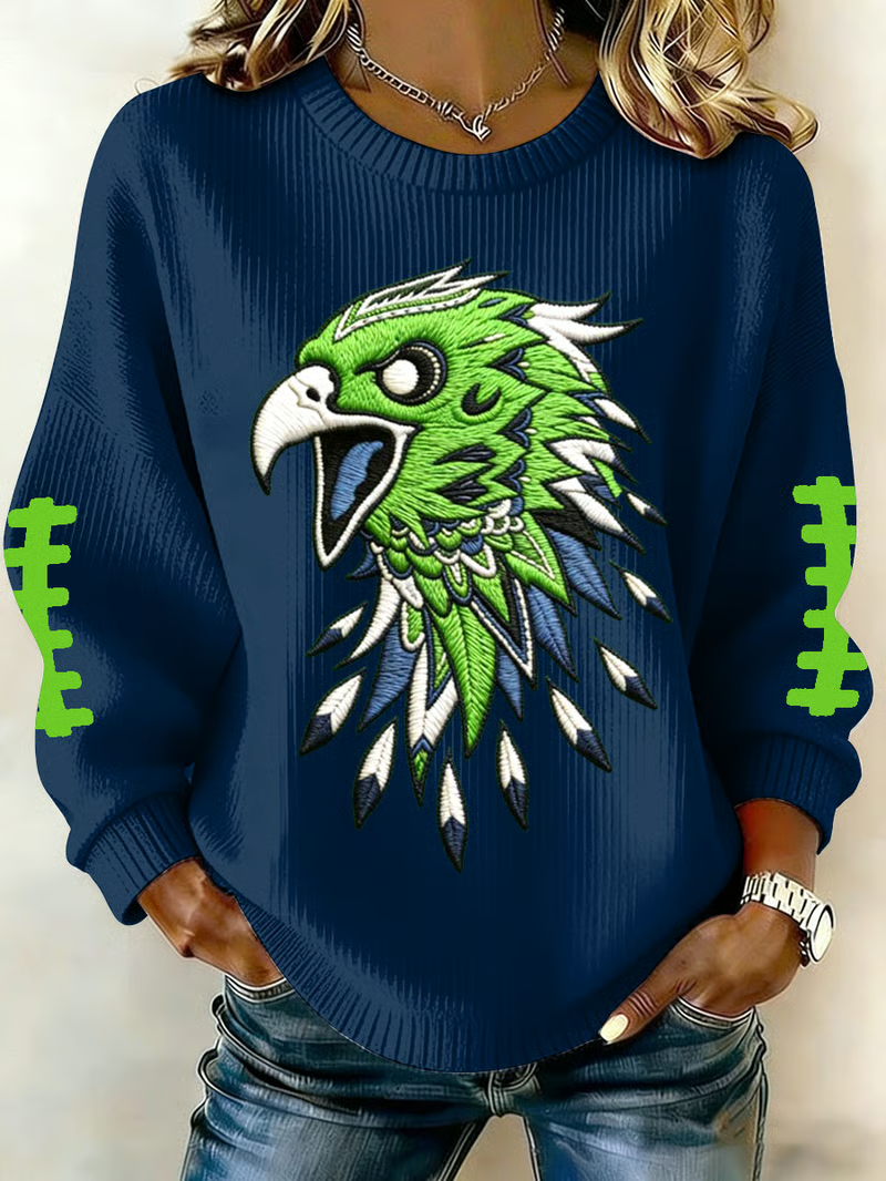 Women's Football Print Knit Crew Neck Long Sleeve Top
