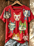 Women'S Fun Cat Sketched Round Neck T-Shirt
