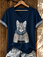 Women'S Cute Cat Printed Casual V-Neck T-Shirt
