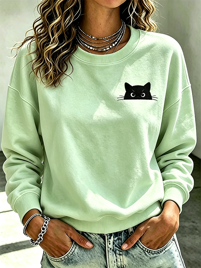 Women'S Casual Black Cat Art Printed Sports Shirt