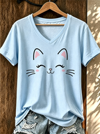 Women's Minimalist Cat V-Neck Top