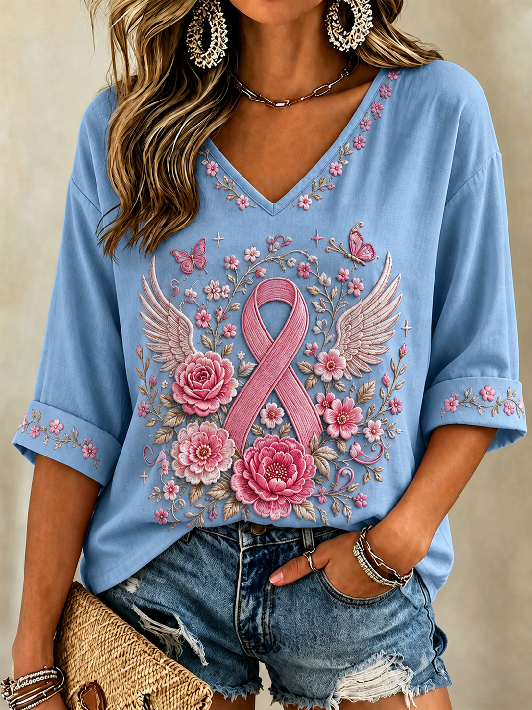 Women'S Breast Cancer Printed V-Neck Short Sleeve T-Shirt