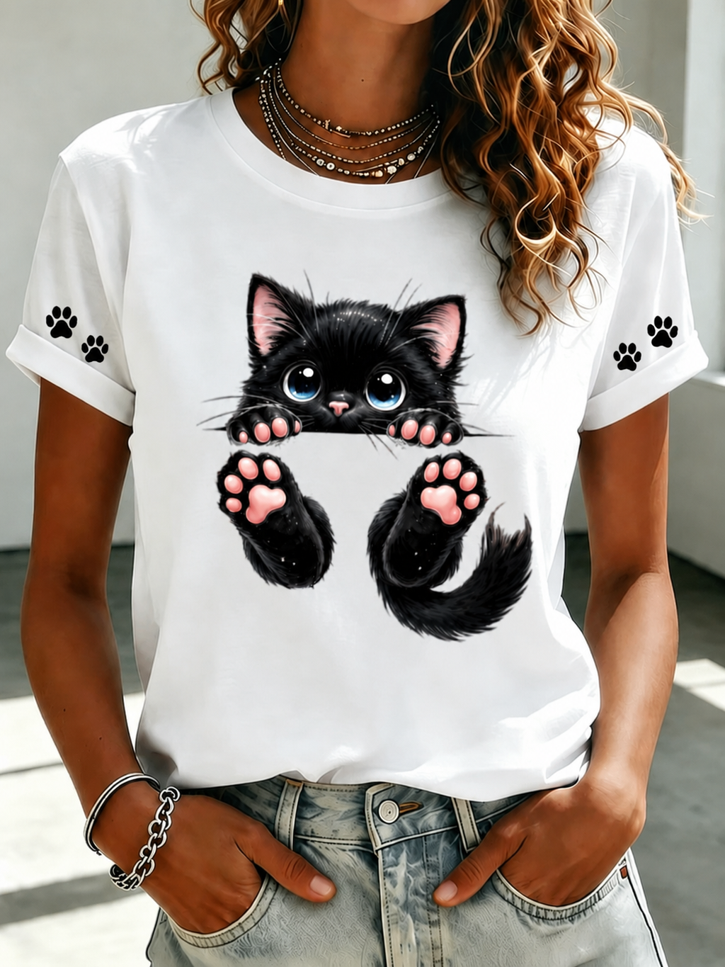 Women's Cute Cat Printed Casual T-shirt