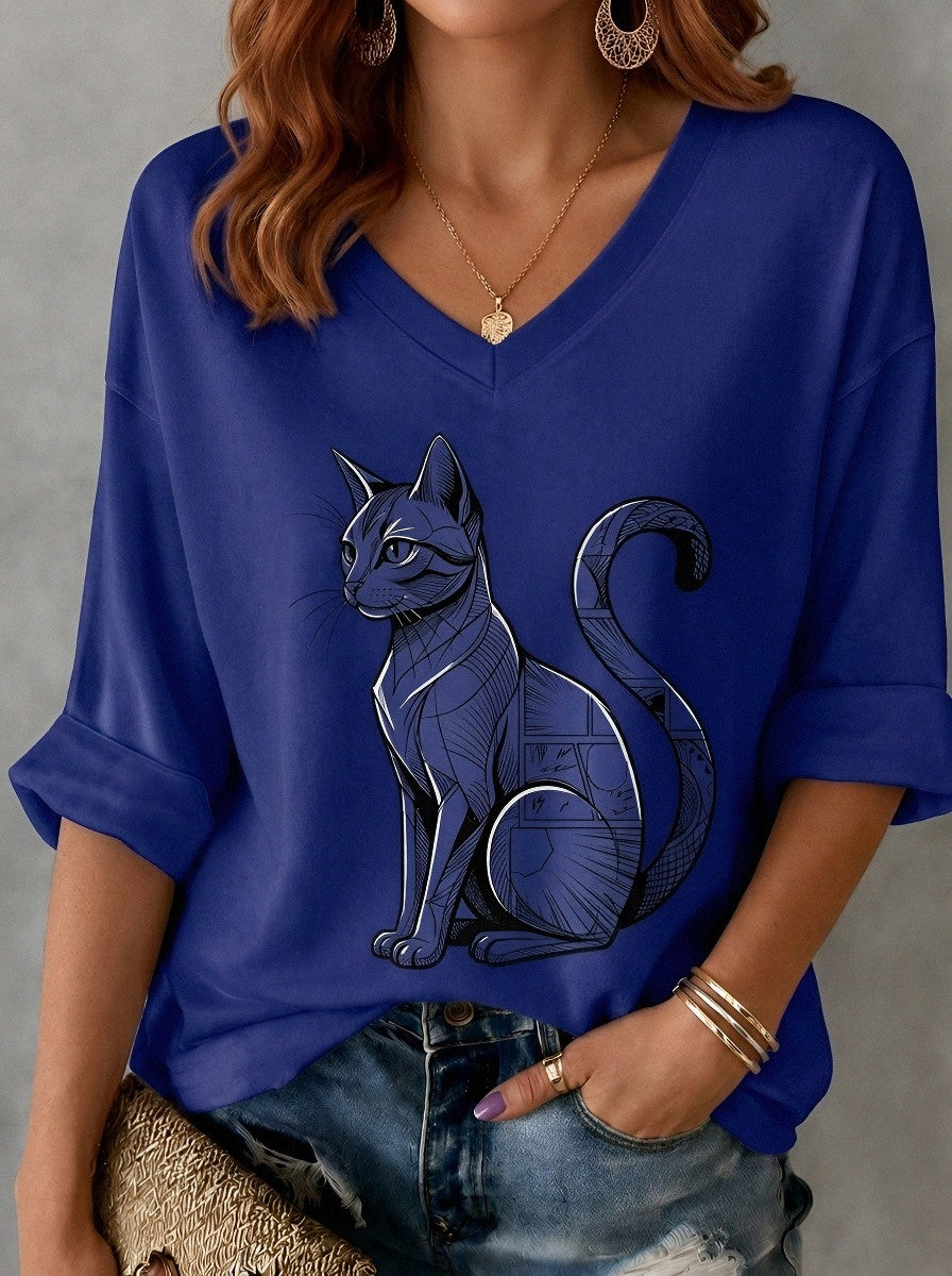 Women's Cat Lover Geometric Black Cat Printed V-neck T-shirt