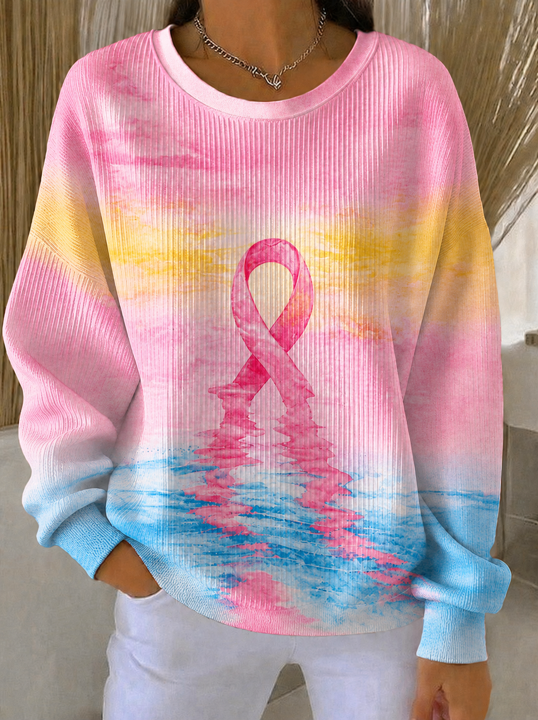 Women'S Breast Cancer Awareness Print Casual Sweatshirt