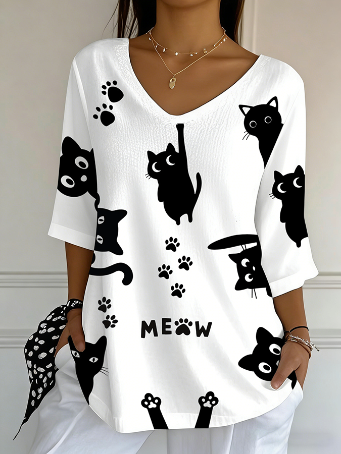 Women'S Cat Printed Casual T-Shirt