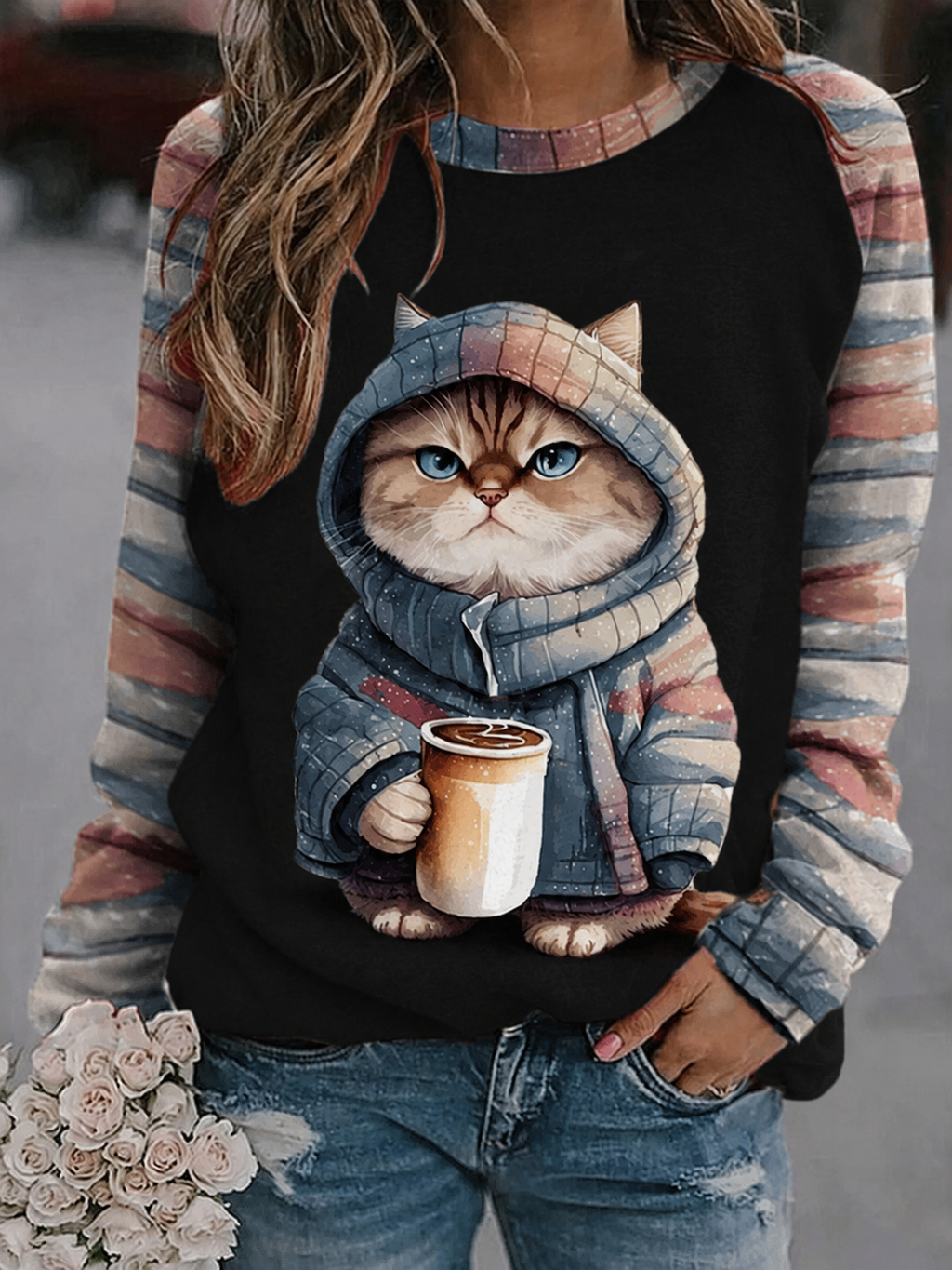 Women's retro cat art printed round neck shoulder sweatshirt