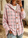 Ladies' Casual Checkered Knitted Hooded Long Sleeved Cardigan