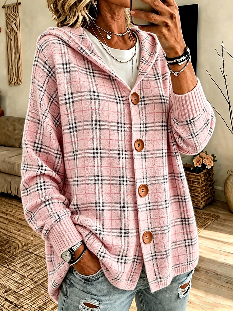 Ladies' Casual Checkered Knitted Hooded Long Sleeved Cardigan