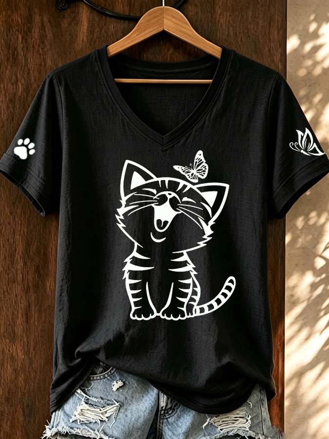 Women'S Fun Cat Simple Printed T-Shirt