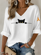 Women's Minimalist Cat Print V-Neck Top