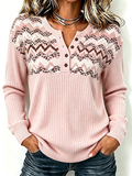 Women'S Geometric Splicing Henley Button Knitted Top